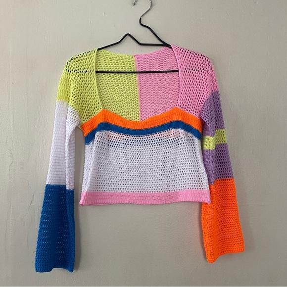 Crochet Colorblock Y2K Cropped Open Knit Sweater Bright Vibrant Top Size Large - Picture 11 of 11